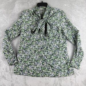 Vintage Alex Colman Top Womens Navy Green Floral Button Front Neck Tie Retro 80s